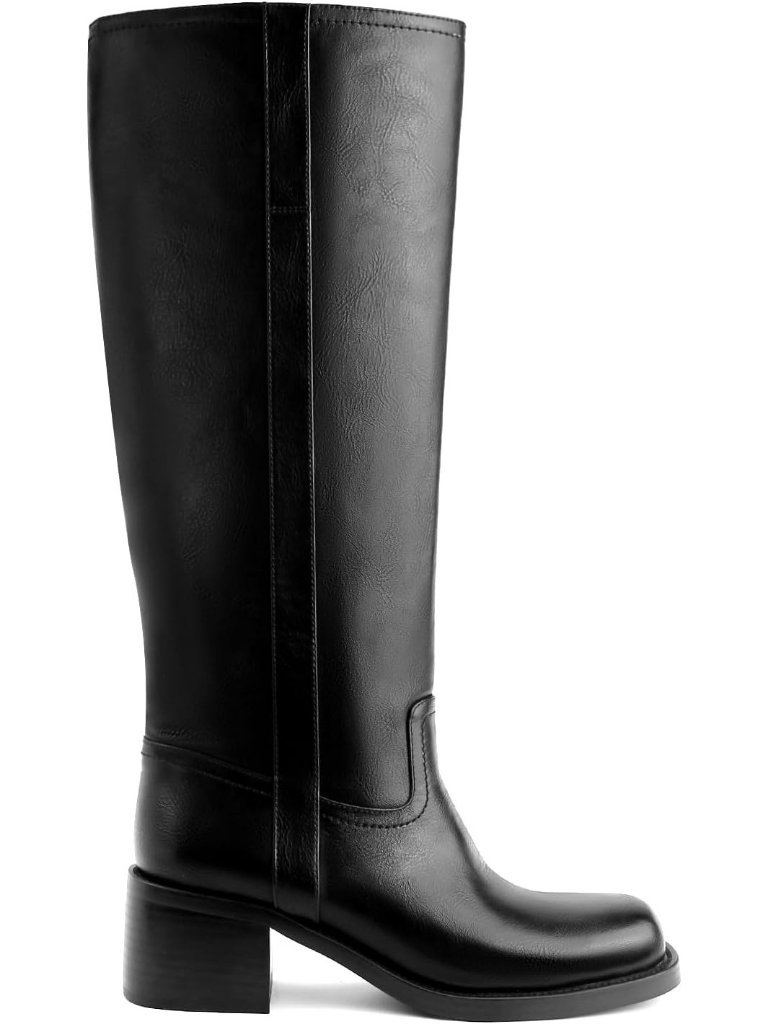 Women's Black Square Toe Chunky Block Heel Wide Calf Riding Long Knee High Boot